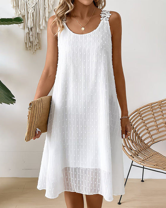 Dot Jacquard Floral Lace Strap Tank Dress