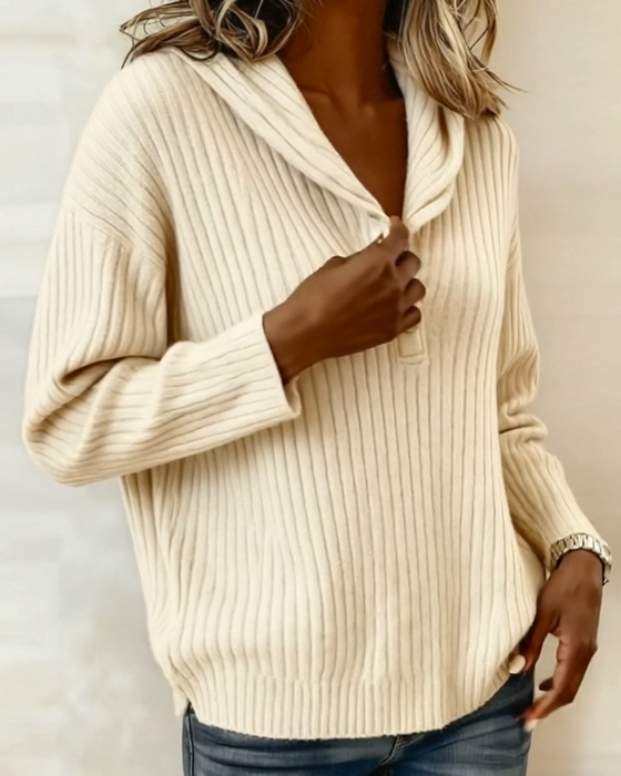 Hooded Fashionable Button-Neck Pullover
