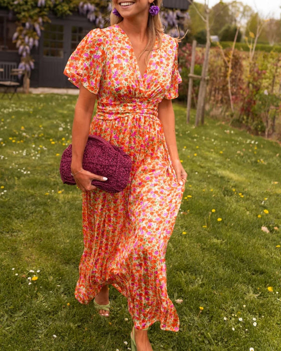 V-neck waist floral dress