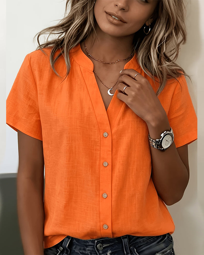 Stand Collar Button-Up Short Sleeve Blouse