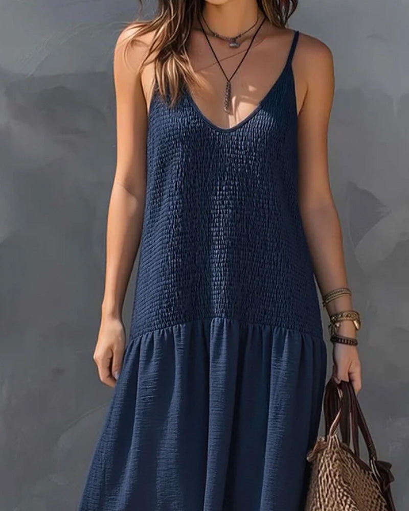 V-Neck Strappy Ruched Patchwork Sleeveless Dress