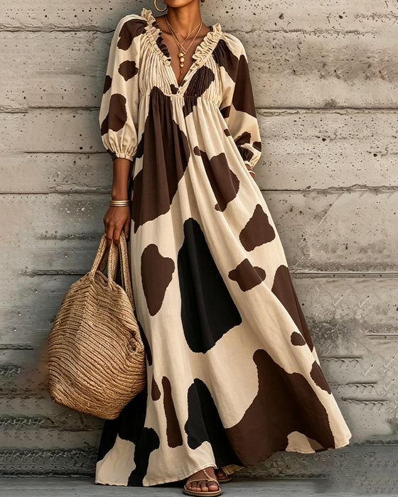 Shirred V-Neck Ruffle Dress