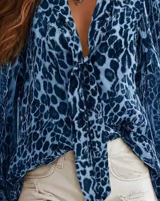Sheer Leopard V‑Neck Long‑Sleeve Shirt