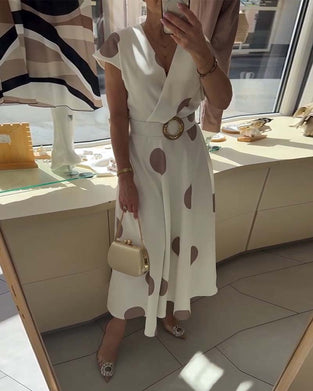 Polka Dot V-Neck Waist-Cinching Dress