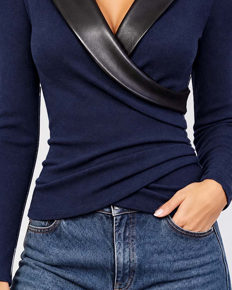 PU Lapel Cross Long Sleeve Top