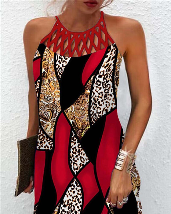 Hollow sleeveless contrast color dress