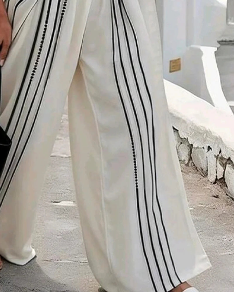 V-Neck Cross Stripe Wide-Leg Set