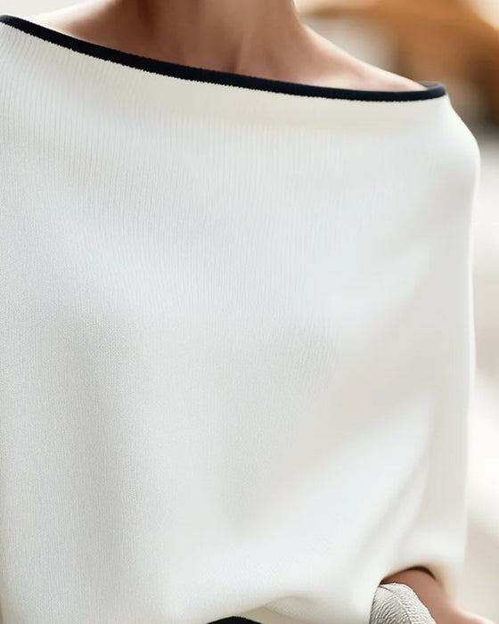 One-Shoulder Drop Shoulder Long Sleeve Color Block Pullover