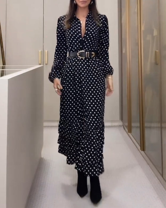 Fashionable polka dot button slit ruffle dress