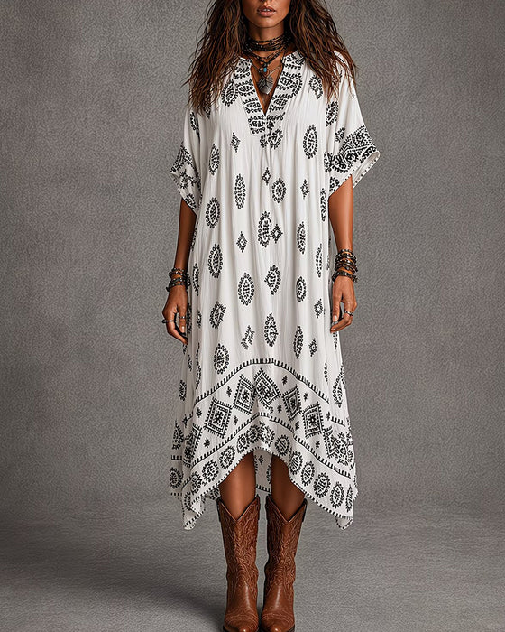 V-Neck Printed Short-Sleeved Dress