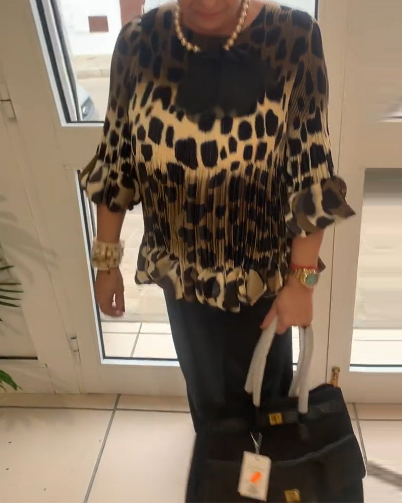 Trendy Leopard Print Pleated Blouse