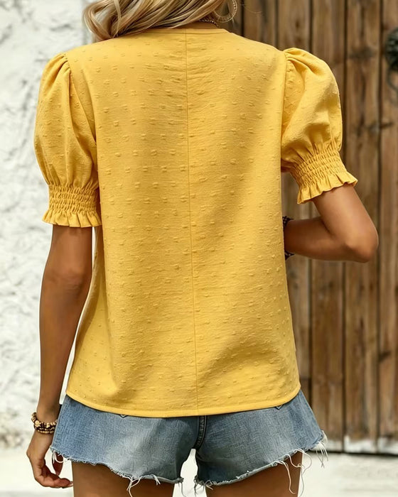 Bubble Sleeve V-Neck Jacquard Blouse