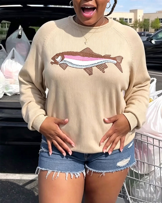 Crew Neck Fish Print Drop Shoulder Pullover