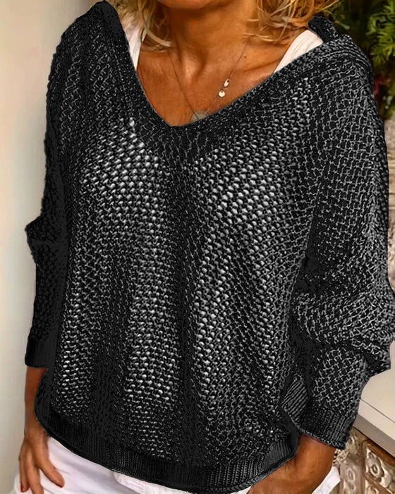 Dames Crochet Hollow Out Hooded Long Sleeve Tops