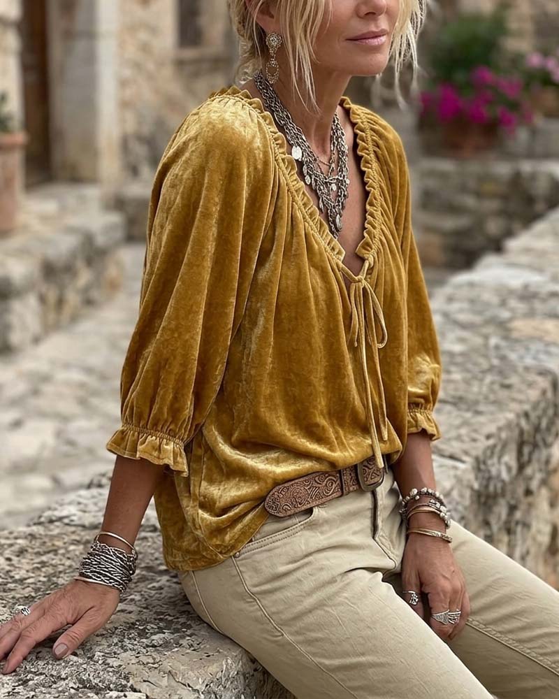Drawstring Velvet Short Sleeve Blouse