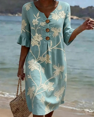 Petite V-Neck Ruffle Three-Quarter Sleeve Dress