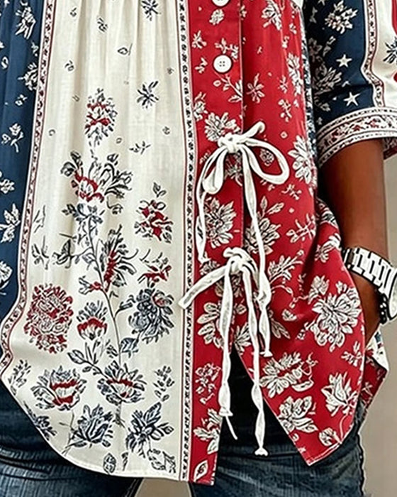 Flag Patchwork Print Lace-Up Blouse