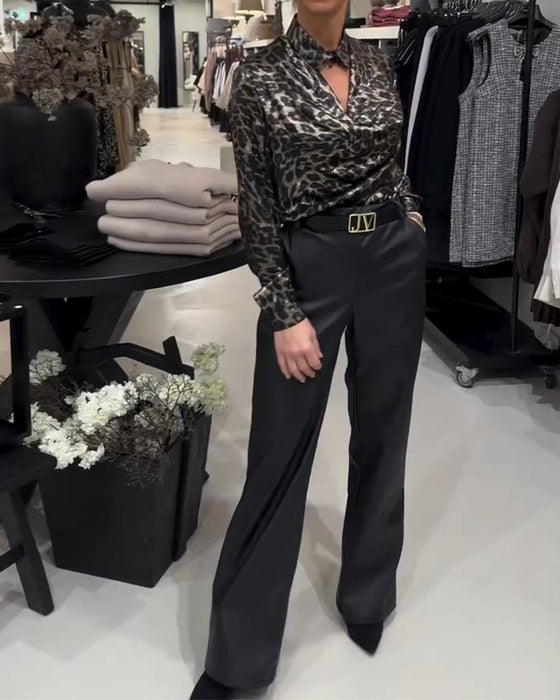 Stylish Leopard Print Shirt With Draped Collar