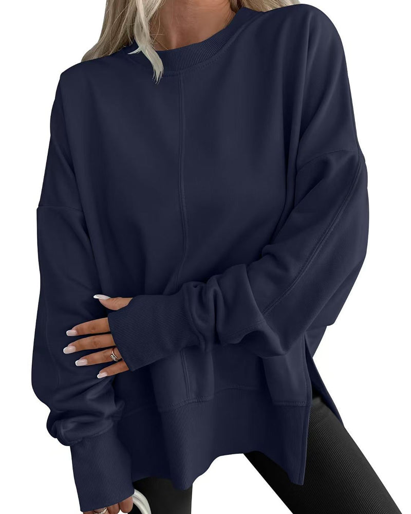 Side Slit Crew Neck Loose Sweatshirt