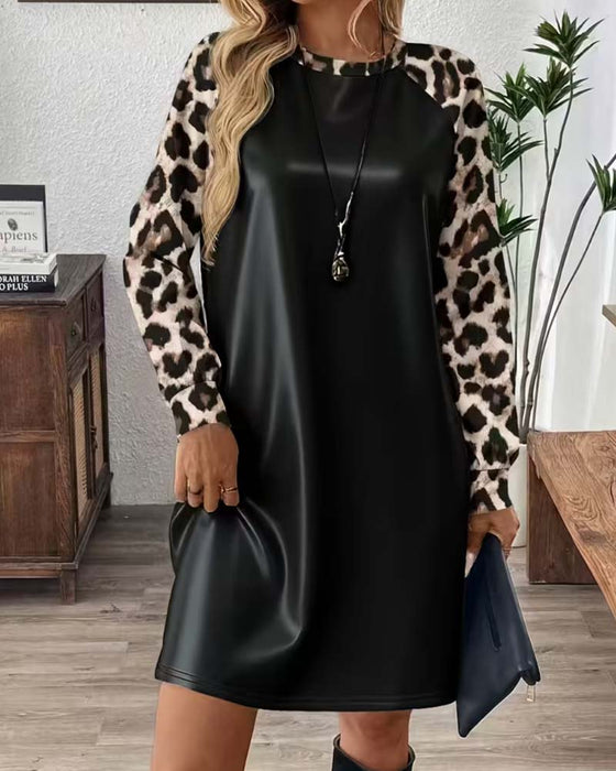 Crew-Neck Leopard Patchwork Dress