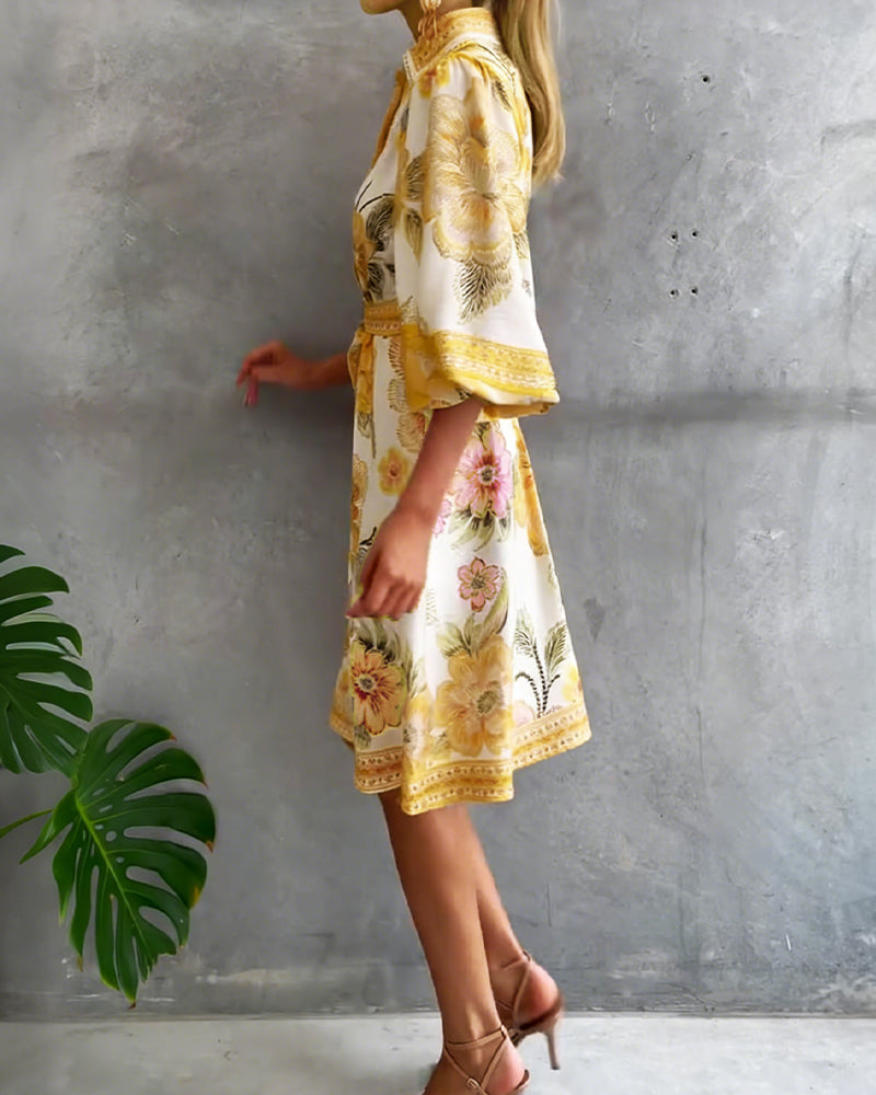 French Lantern Sleeve Notched Collar Printed Dress