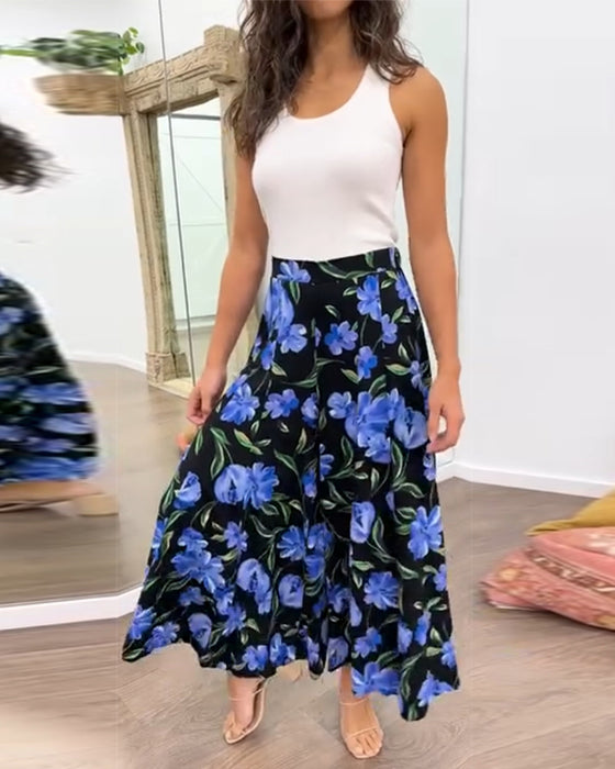Floral print high waisted wide leg pants