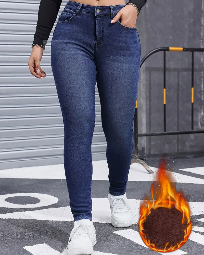 Women's Fleece Lined Solid Pocket Jeans