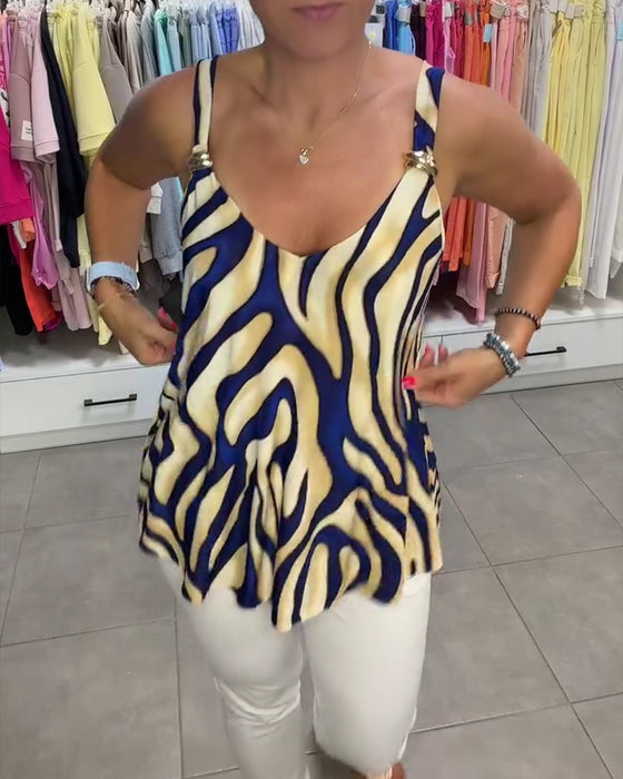 V-Neck Strappy Zebra Print Metal Button Blouse