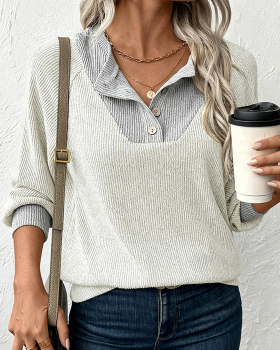 Lapel Contrasting Long-Sleeved Knit Top