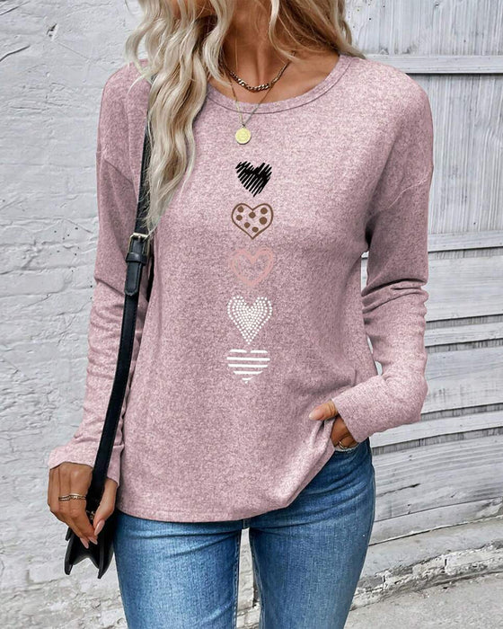 Long-Sleeved Round-Neck Love Heart Print Top