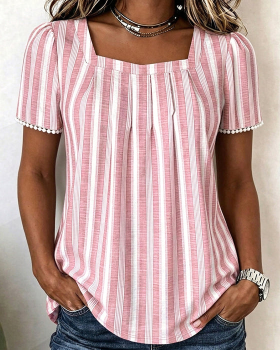 Striped Square-Neck Short-Sleeve Blouse