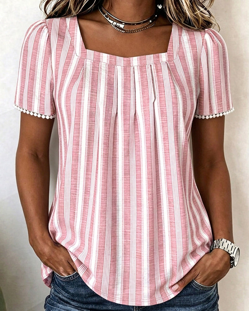 Striped Square-Neck Short-Sleeve Blouse