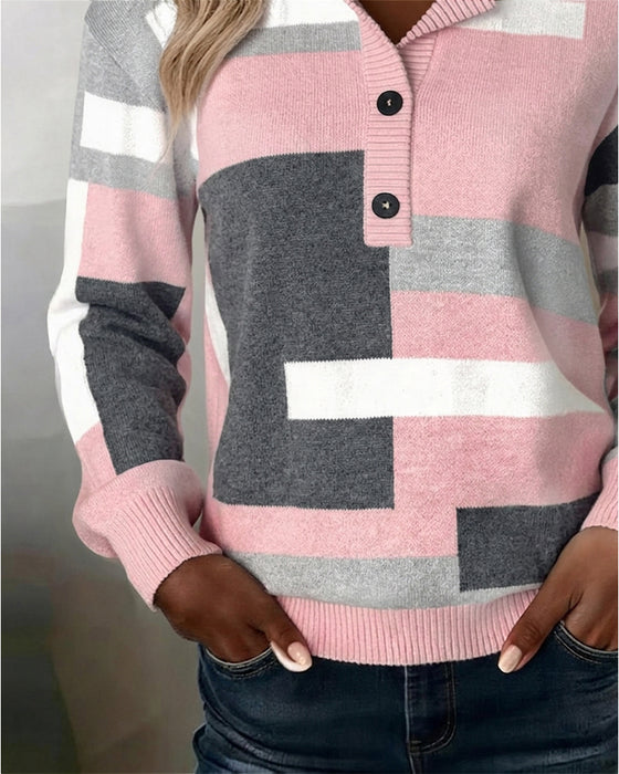Checkered Button-Front Long-Sleeve Jumper