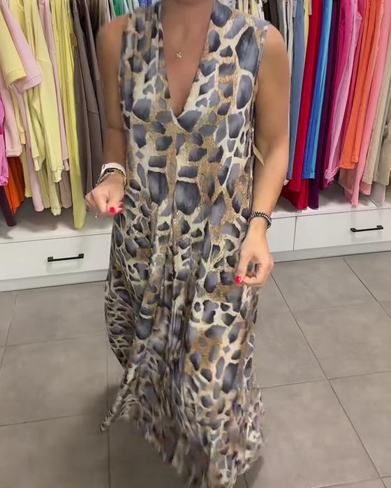 Leopard Sleeveless V-Neck Flared Long Dress