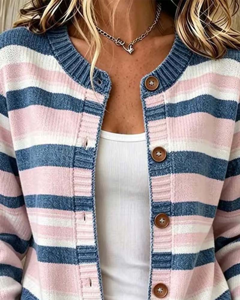 Striped Crew Neck Single-Breasted Cardigan