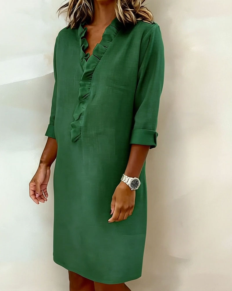 Ruffled V-Neck Solid Color Dress
