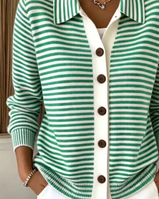 Lapel Button Striped Cardigan