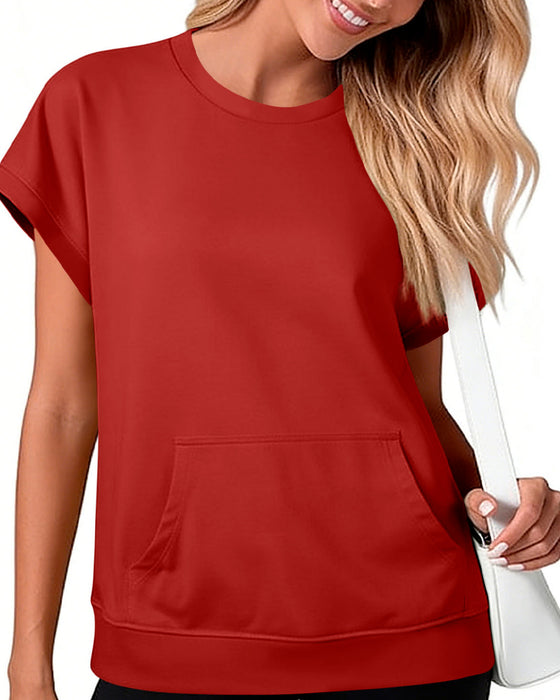 Front Pocket Solid Color Round Neck Blouse