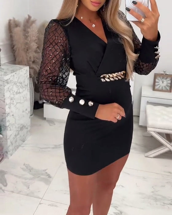 V-Neck Chain Button Mesh Patchwork Dress