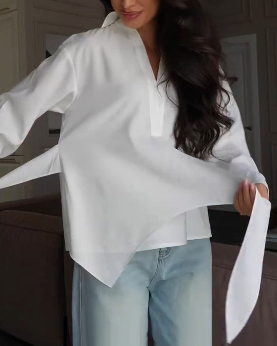 Solid Color Belted Blouse