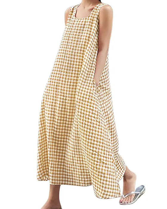 Plaid Sleeveless Square Neck Maxi Dress