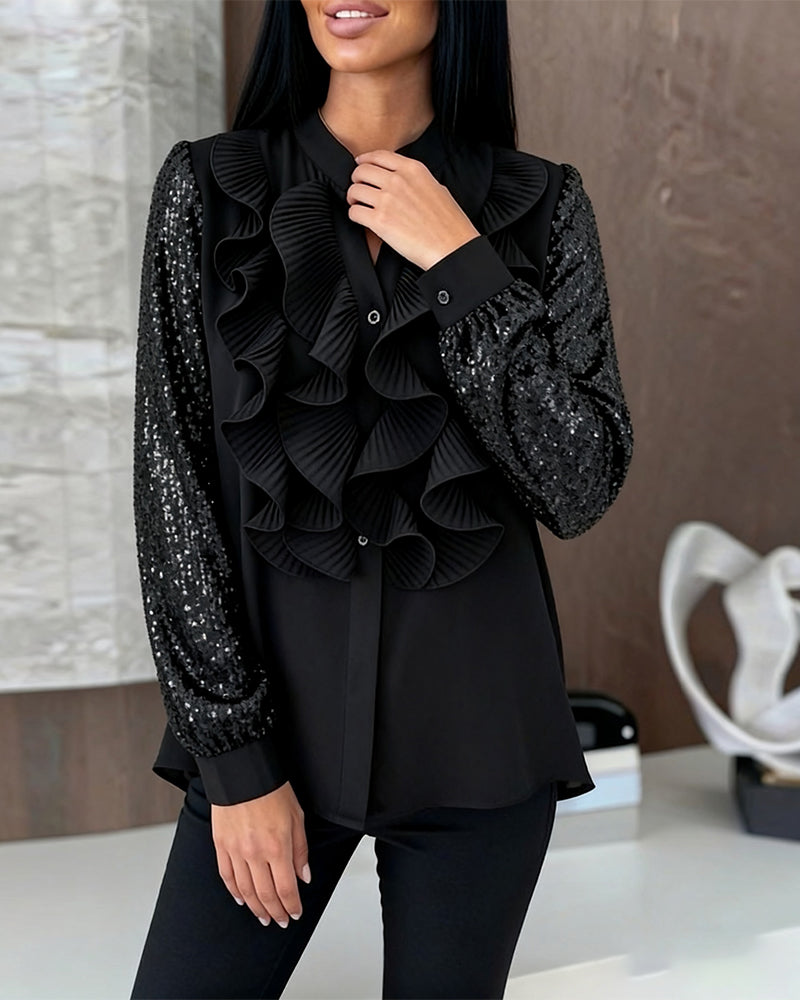 Ruffled Sequin Patchwork Stylish Blouse