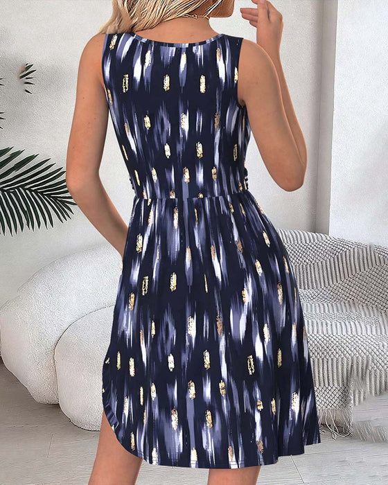 U-Neck Sleeveless Waist-Cinching Stripe Dress