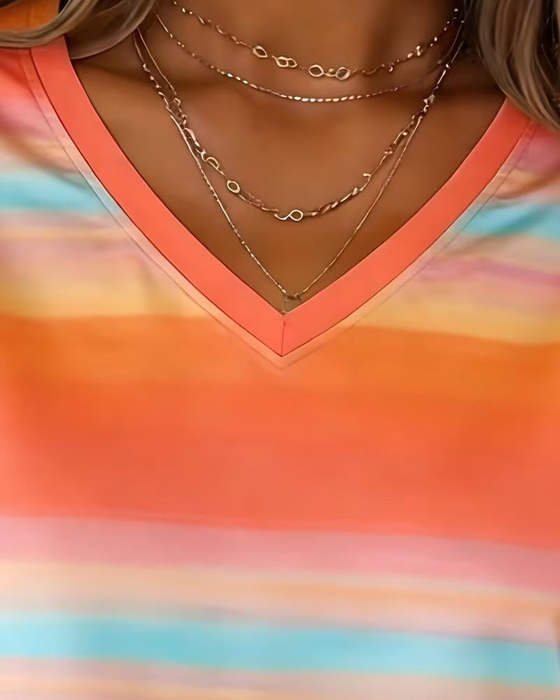 Rainbow Ombre Horizontal Stripe V-Neck Sweatshirt
