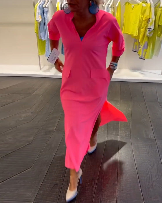 Slit V-neck solid color dress