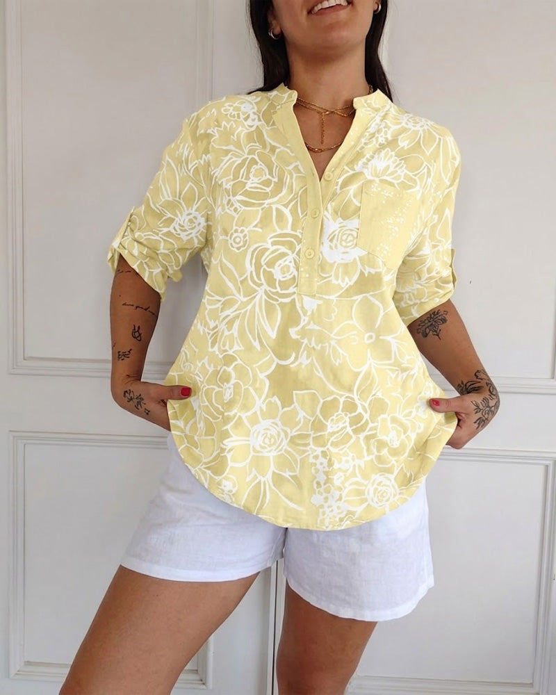 V-Neck Button-Down Printed Blouse