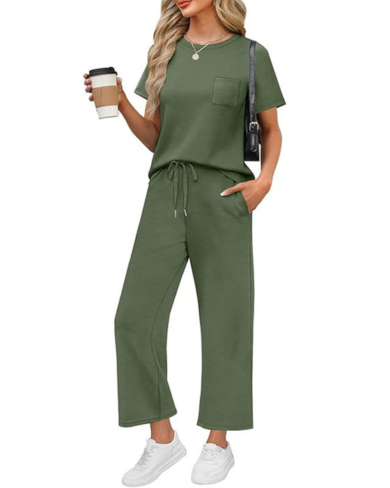 Solid Color Short Sleeve and Long Pants Set