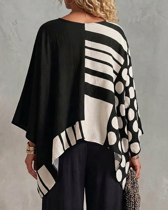 Polka Dot Stripe Patchwork V Neck Blouse