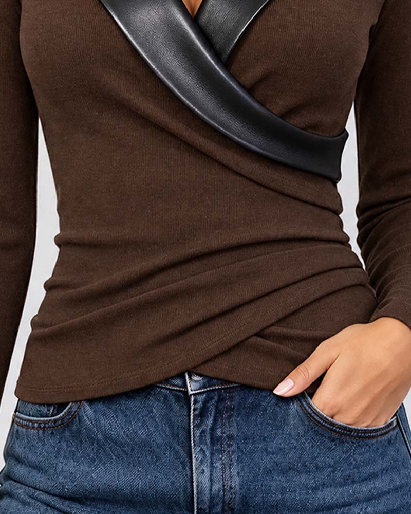 PU Lapel Cross Long Sleeve Top