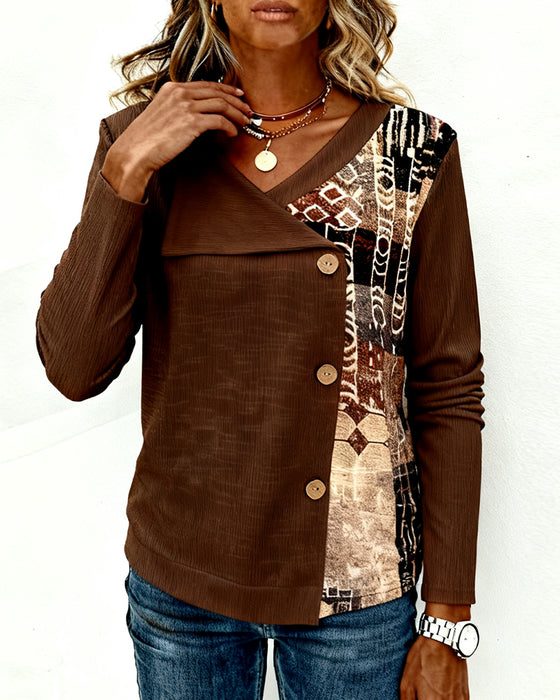 Stylish V-Neck Button-Down Printed Top